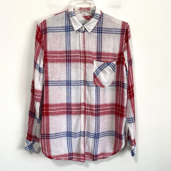Rails Charli Boyfriend Blouse Top S Linen Blend Button Front Patriotic Casual - Picture 1 of 13